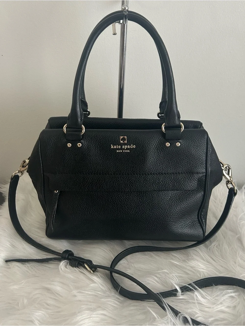 Kate Spade Black Pebbled Leather Satchel Crossbody Shoulder Bag Zip Top everyday